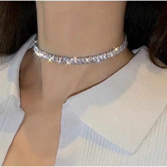 925 Sterling Silver Sparkling Rhinestone Choker Necklace Adjustable - Picture 3 of 5